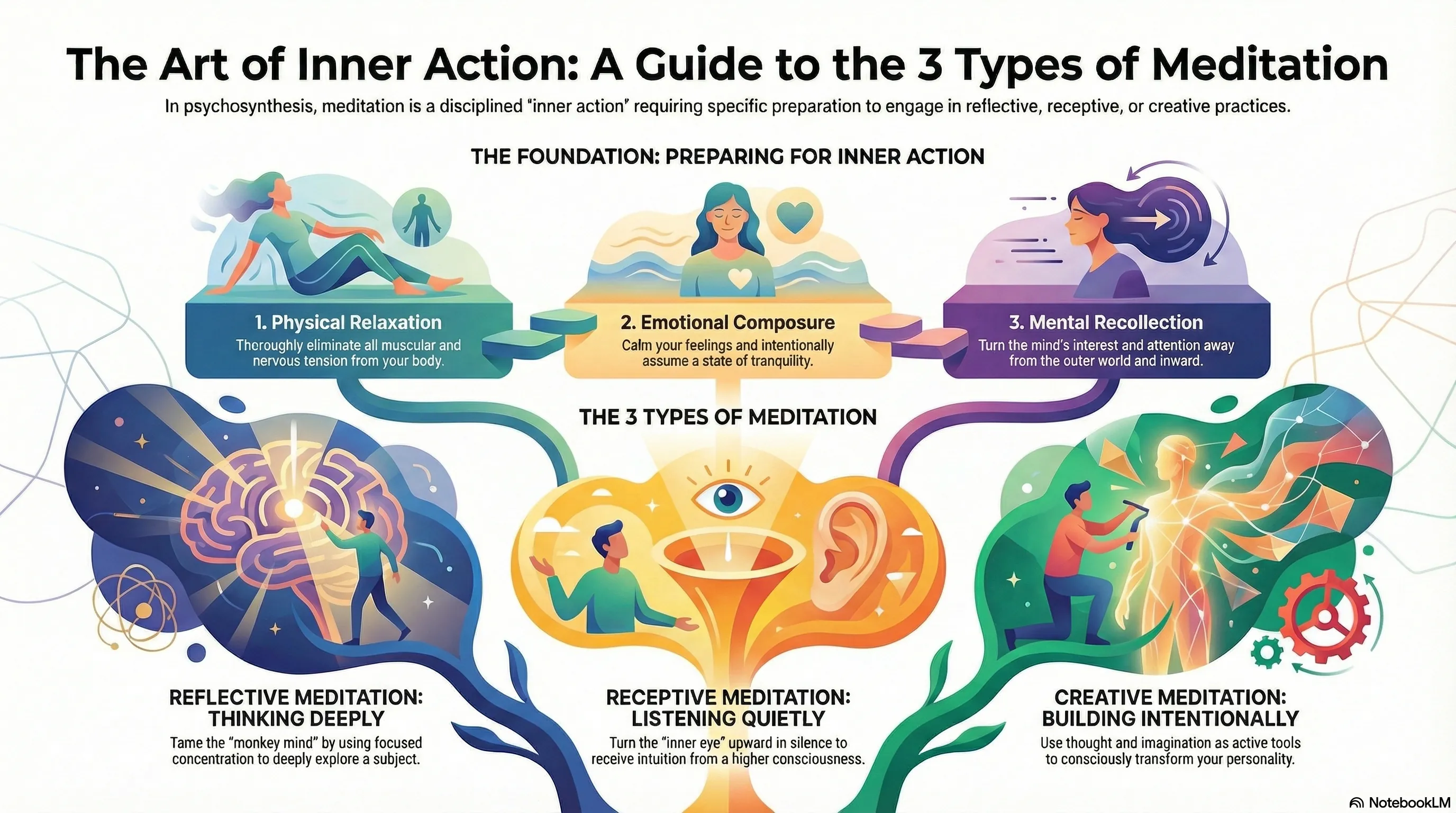 The Art of Inner Action: A Guide to the 3 Types of Meditation Infographic